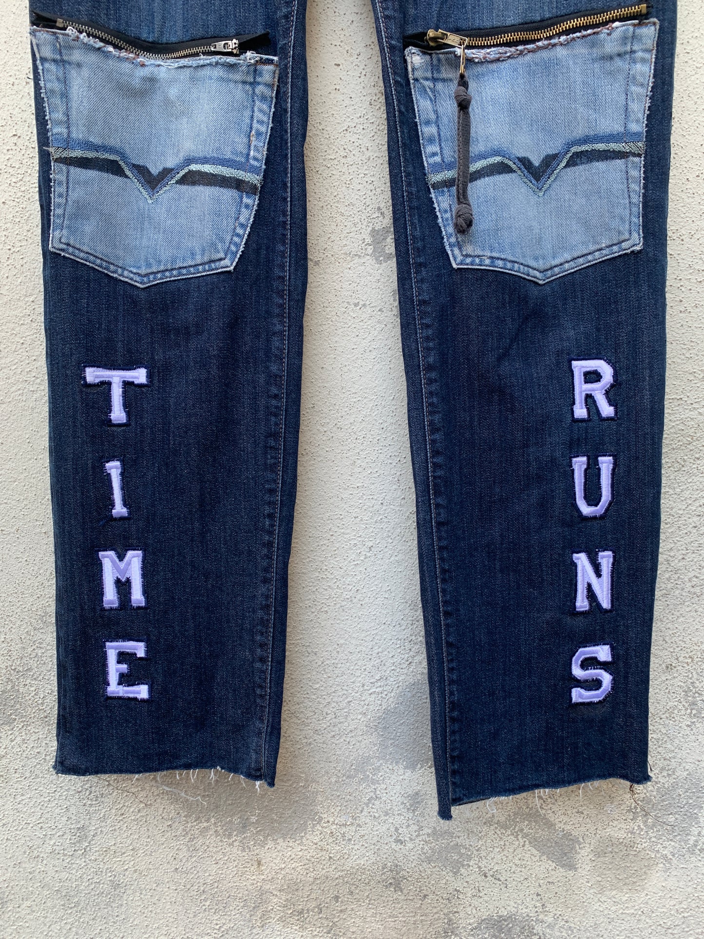 Upcycling Time Runs Biker Jeans Dunkelblau W36 L34