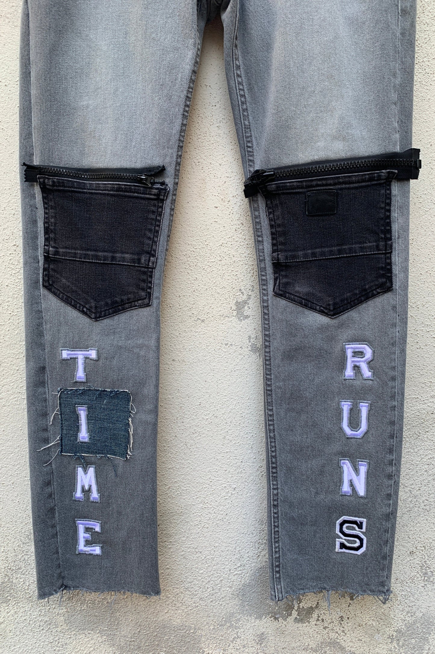 Upcycling Time Runs Biker Jeans Grau W34 L34