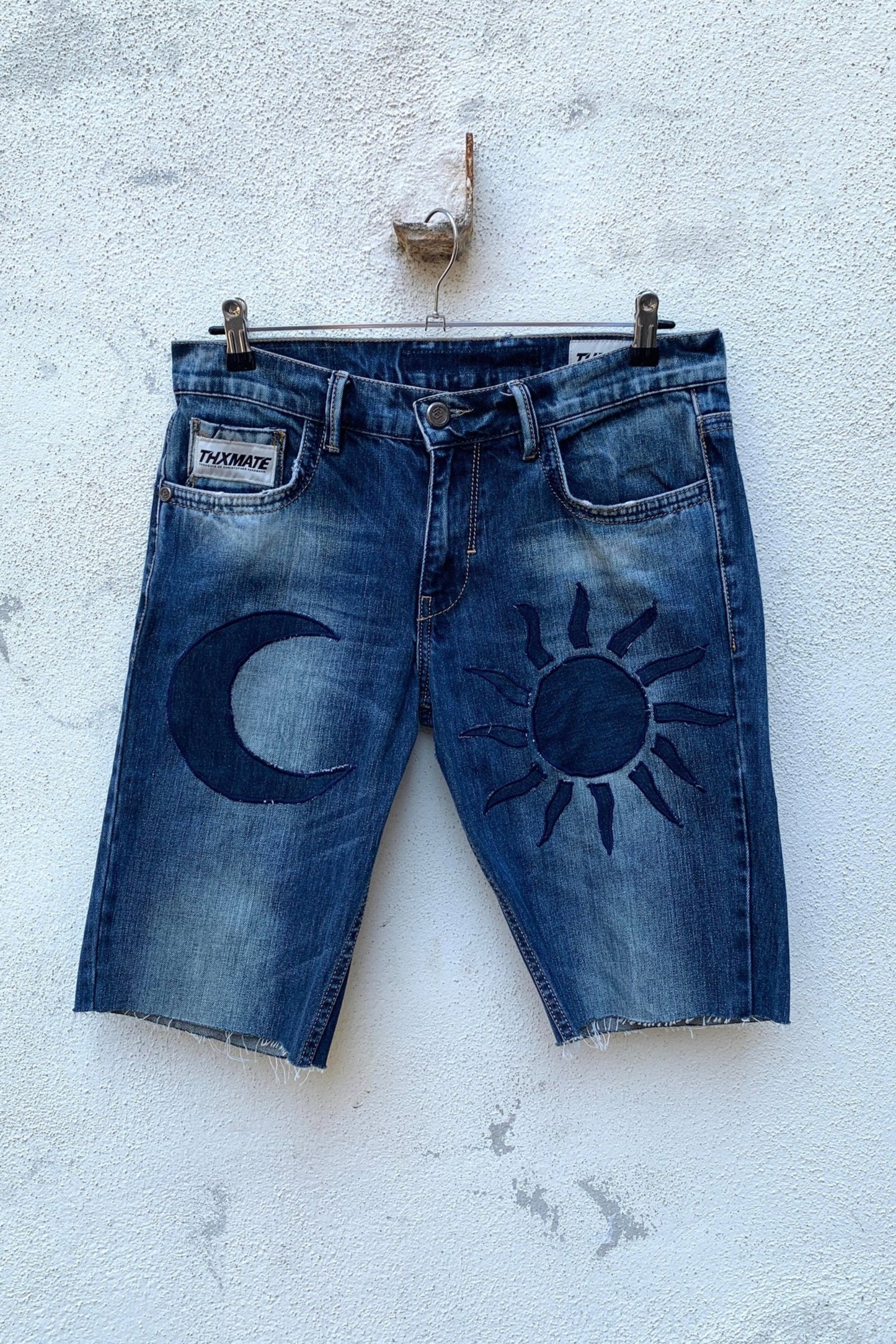 Upcycling Sonne & Mond Kurze Jeans Shorts Mittelblau 31