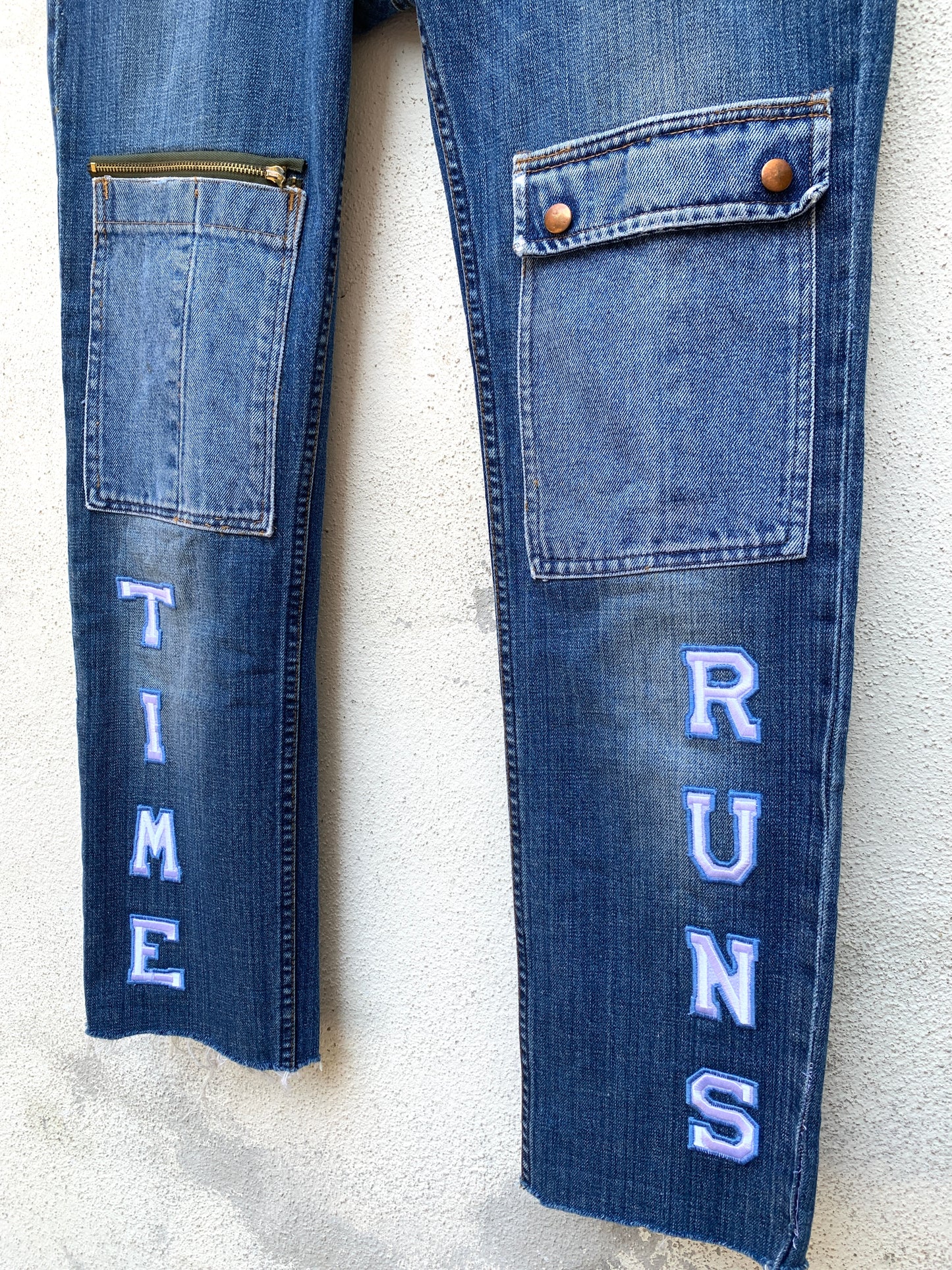 Upcycling Time Runs Biker Jeans Blau W29 L30