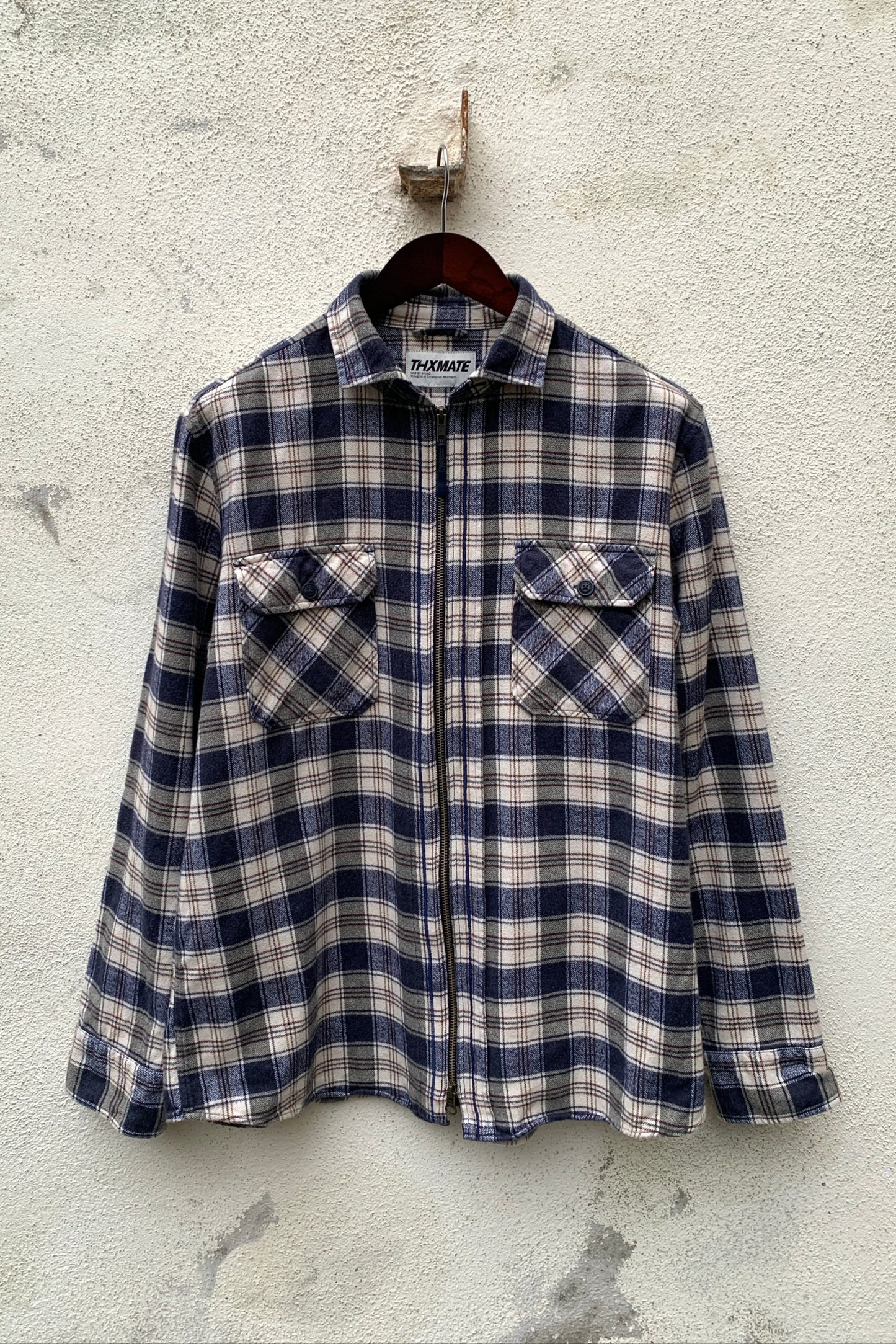 Upcycling Flanell Zip-Hemd Blau L