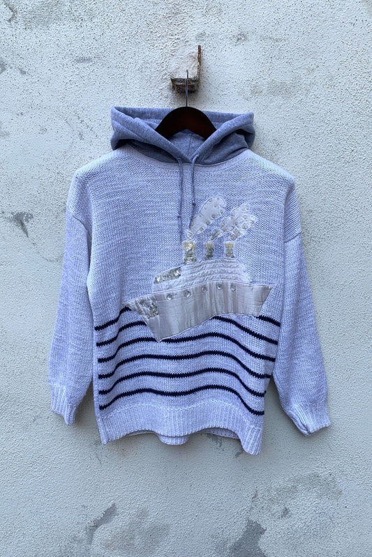 Upcycling Vintage Strick Hoodie Weiß M
