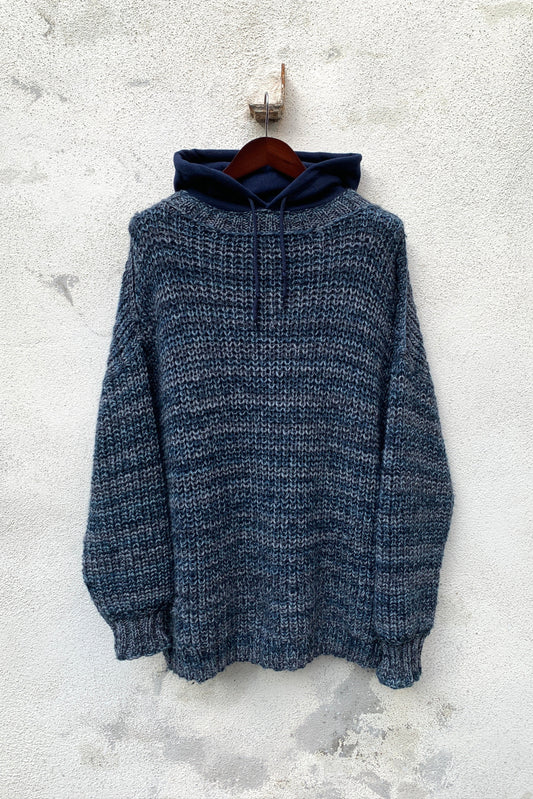 Upcycling Vintage Strick Hoodie Blau XL
