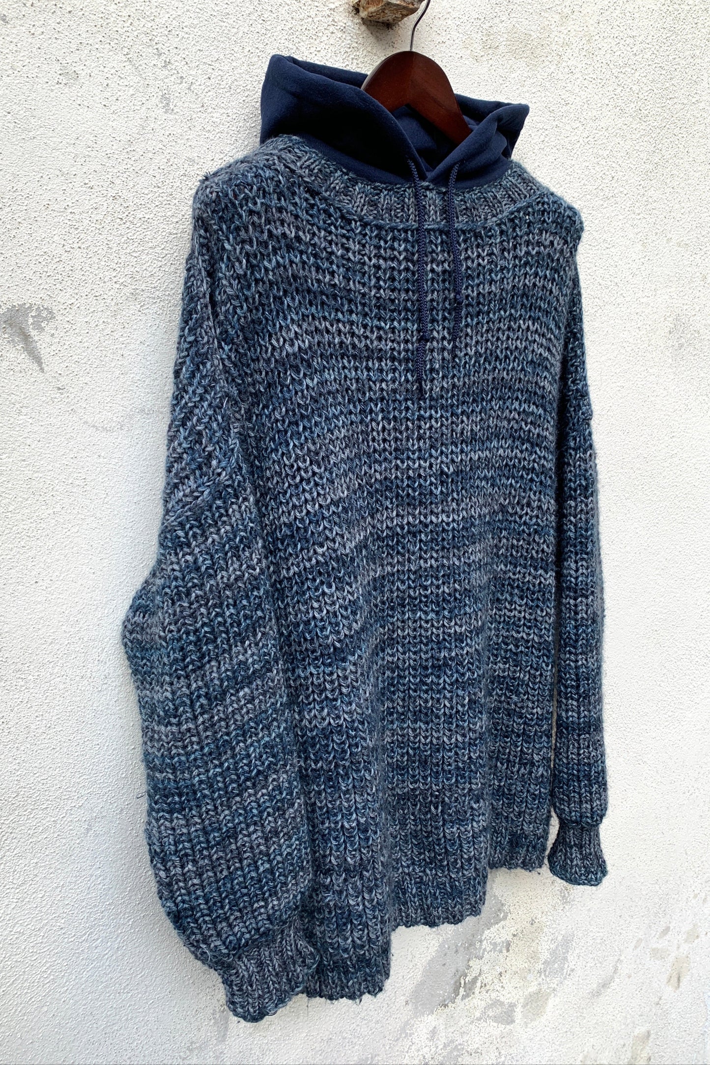 Upcycling Vintage Strick Hoodie Blau XL