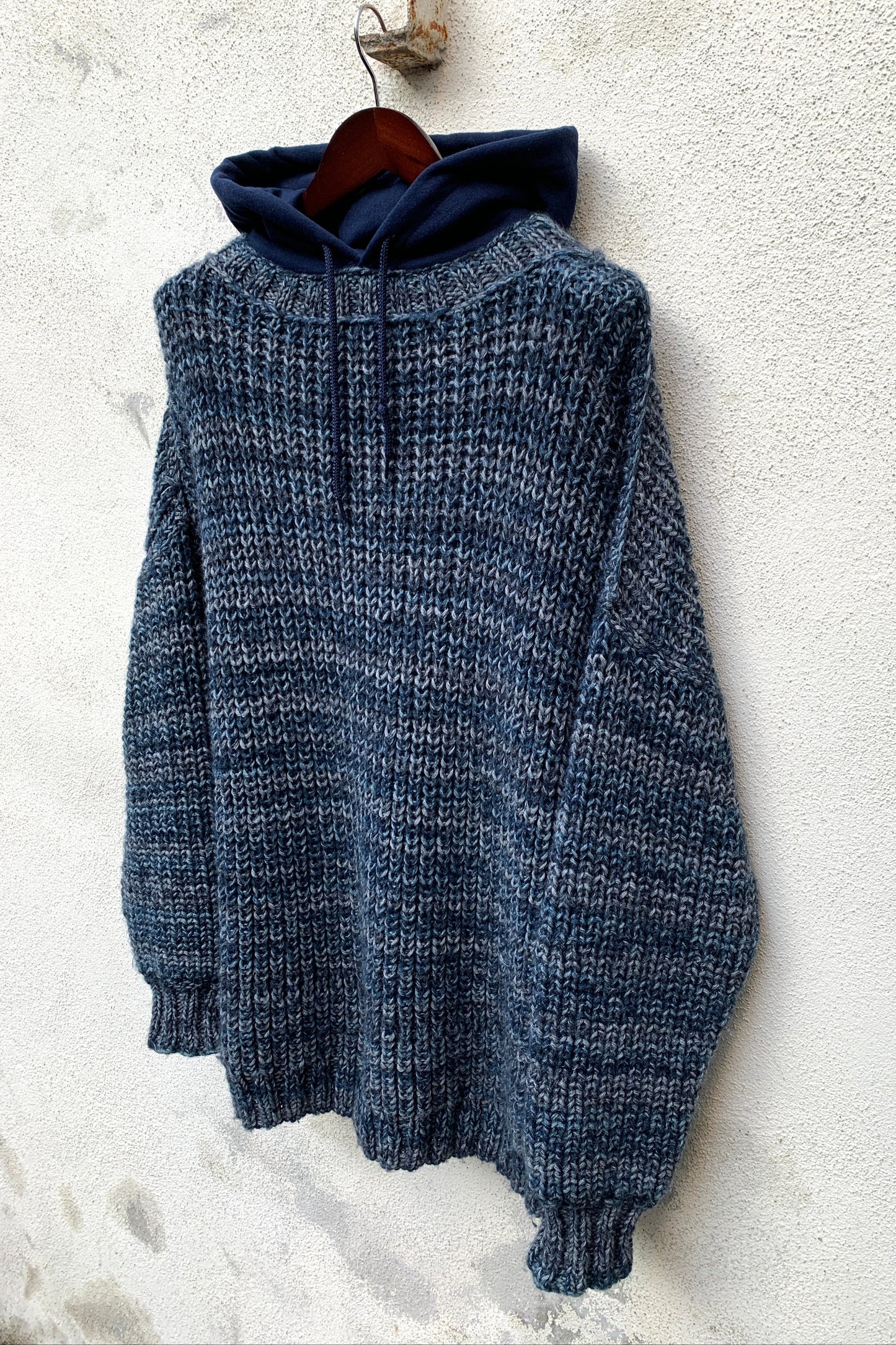 Upcycling Vintage Strick Hoodie Blau XL