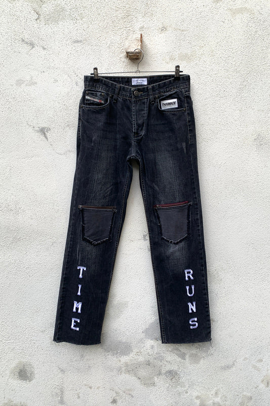 Upcycling Time Runs Biker Jeans Dunkelgrau W31 L32