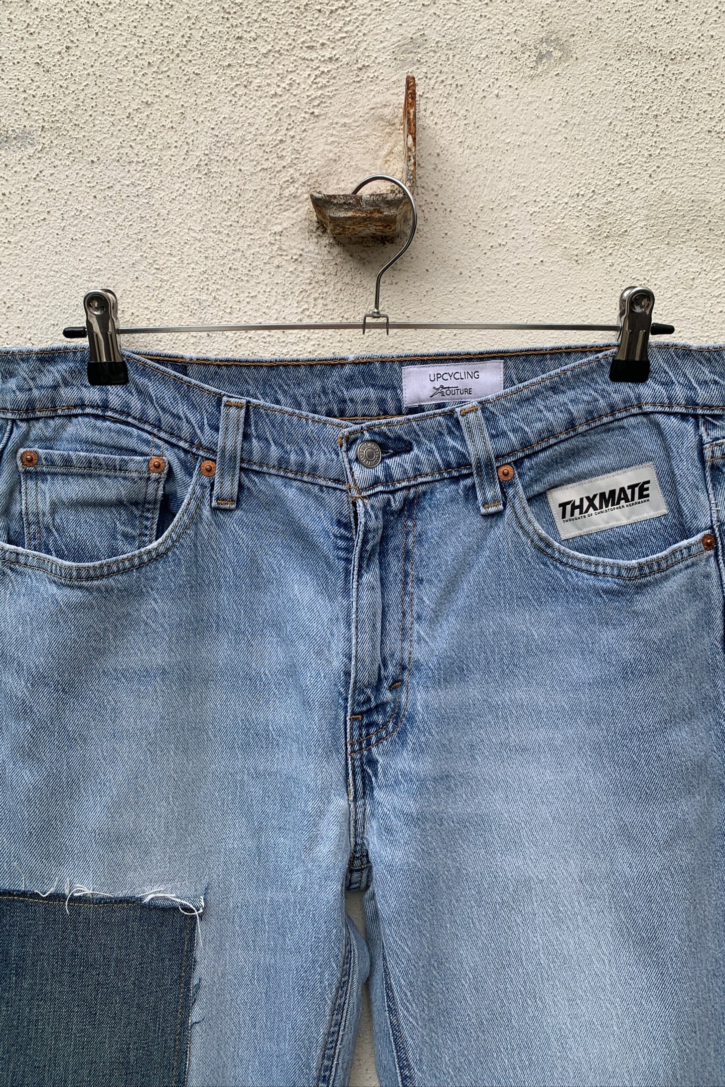 Upcycling Time Runs Biker Jeans Hellblau W32 L32