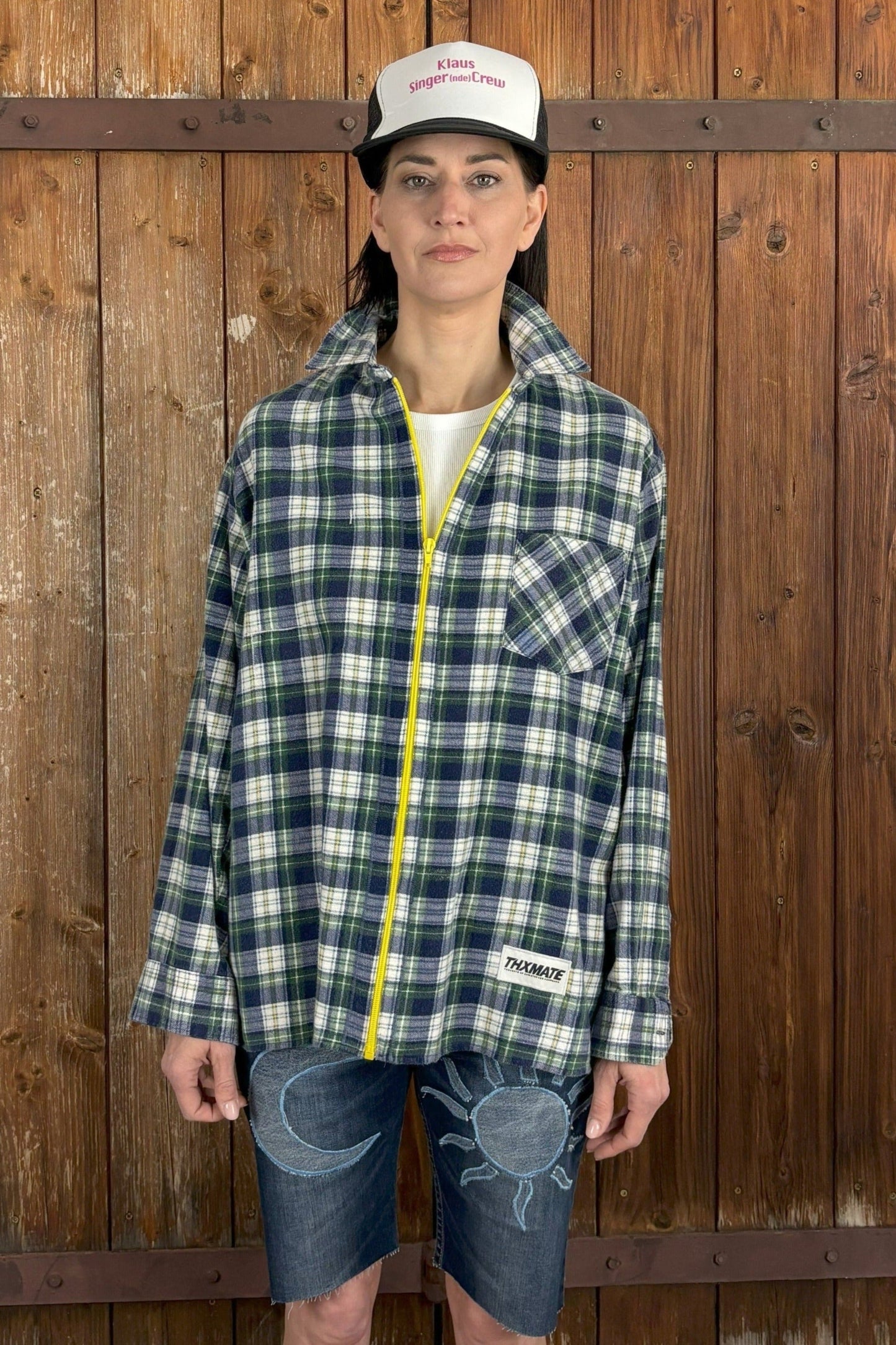 Upcycling Trucker Flanell Zip-Hemd Grün M