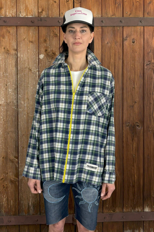 Upcycling Trucker Flanell Zip-Hemd Grün M