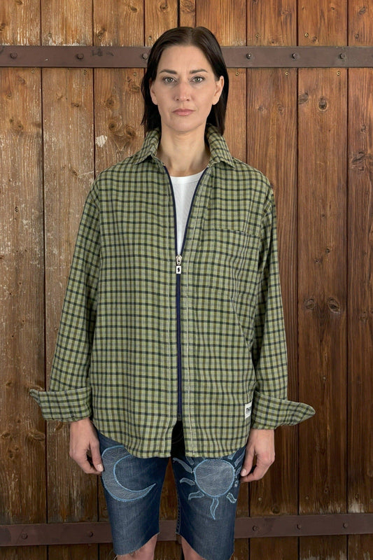 Upcycling Flanell Zip-Hemd Khaki L