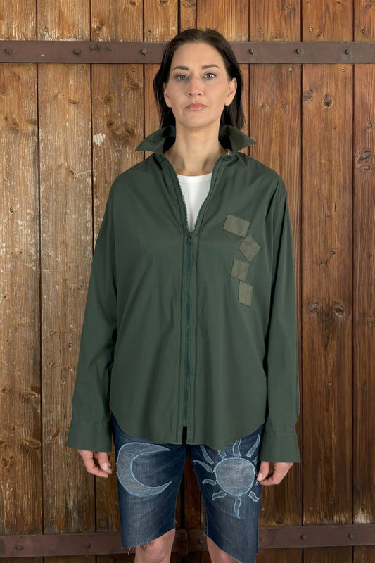Upcycling Patchwork Zip-Hemd Khaki M